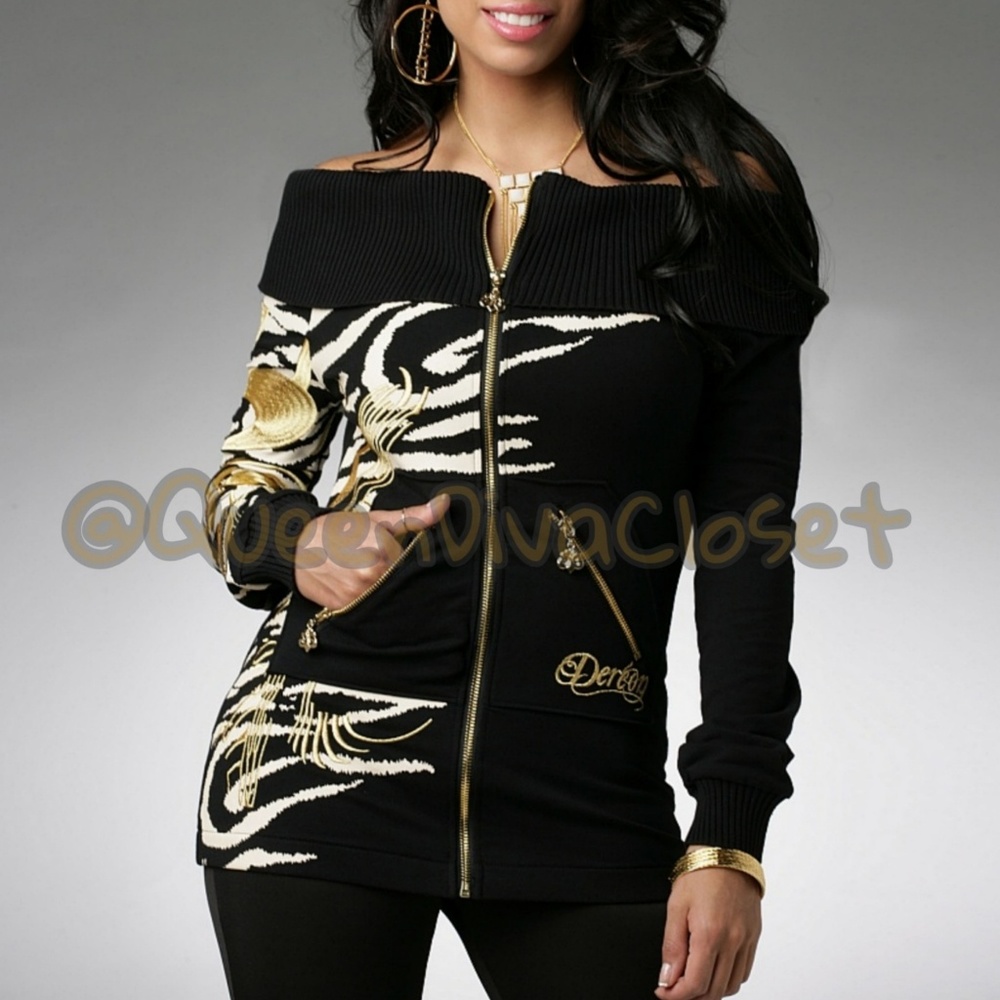 Black zip off shoulder long sleeve top sweater L